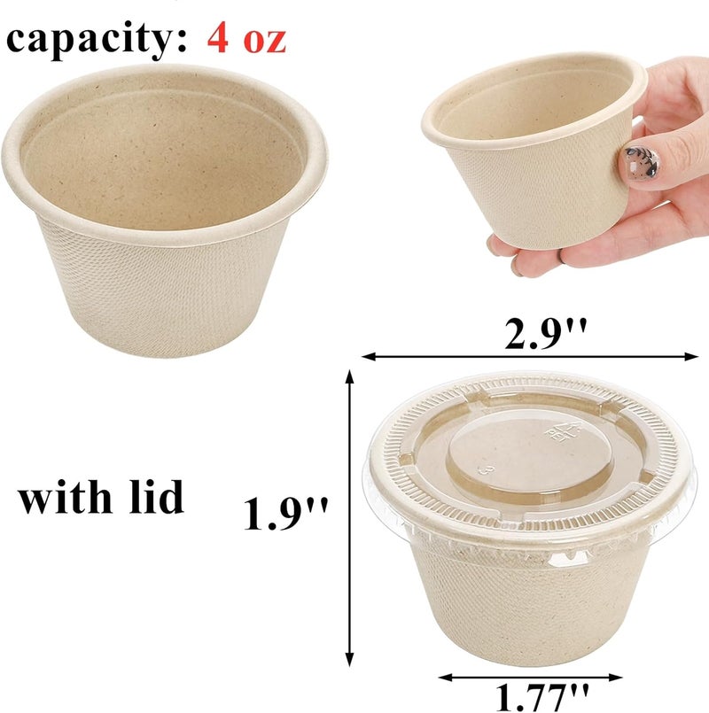 Tebery 200 Pack 4 Oz Disposable Condiment Portion Cups, Small Sauce Dipping Container with Clear Lid, Leak Proof Souffle Ramekin Bowl, Sample Serving Cup for Snack Tasting, Charcuterie, Natural Color - Image 2